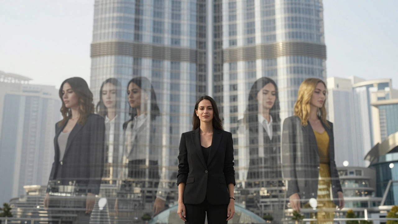 A woman faces a mirrored skyscraper, her reflections showing different versions of herself in a quiet moment of self-reclamation.