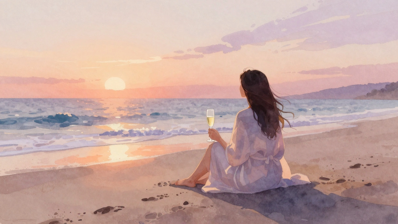 A woman sits peacefully on a private beach at sunset, enjoying champagne with no one else in sight.