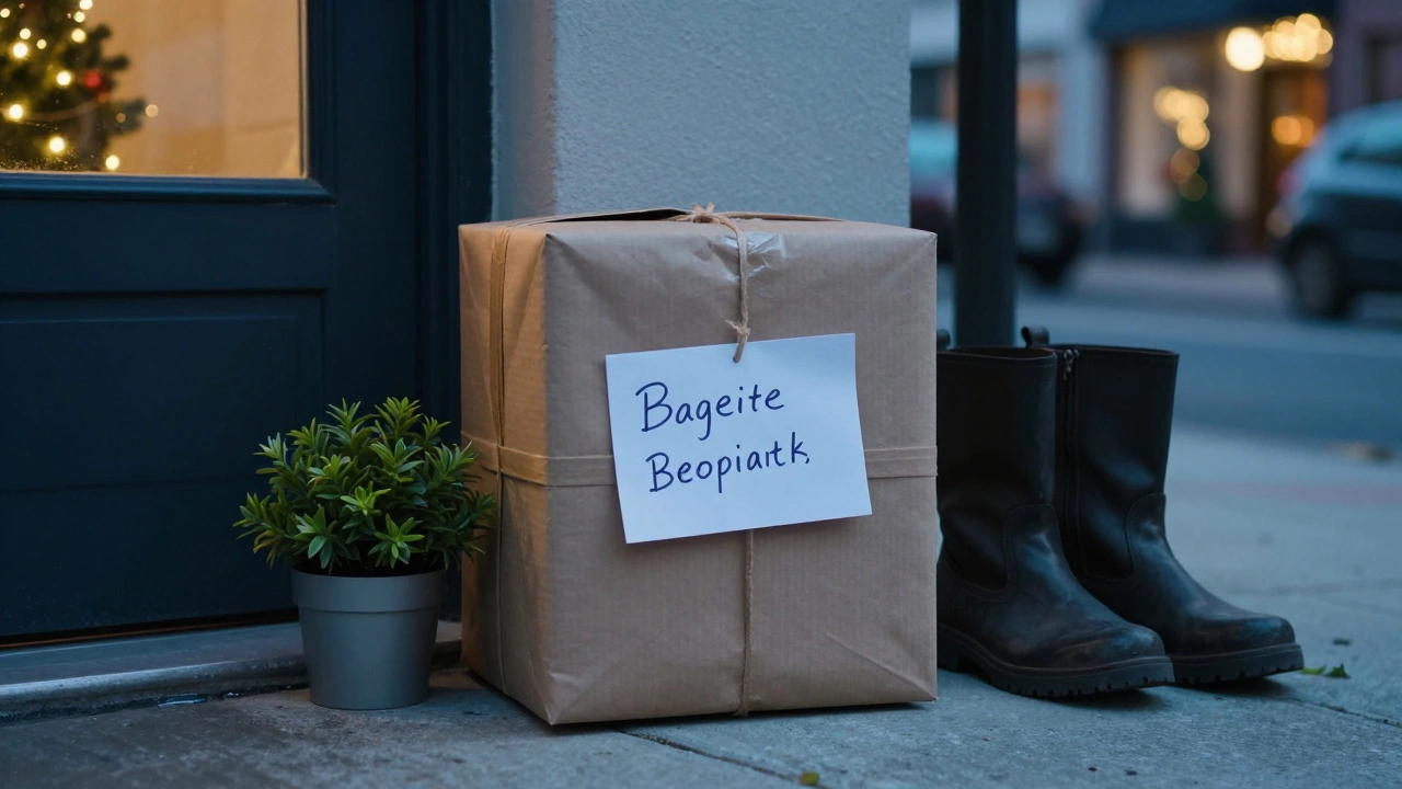 A wrapped gift on a doorstep beside boots and a plant, holiday lights glowing in the background.