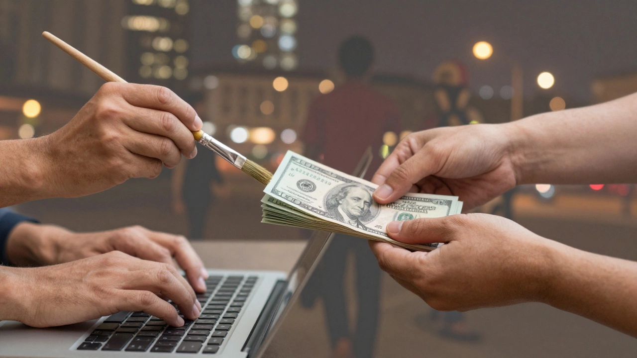 Collage of hands engaged in work—painting, typing, giving cash—against a blurred city night scene.